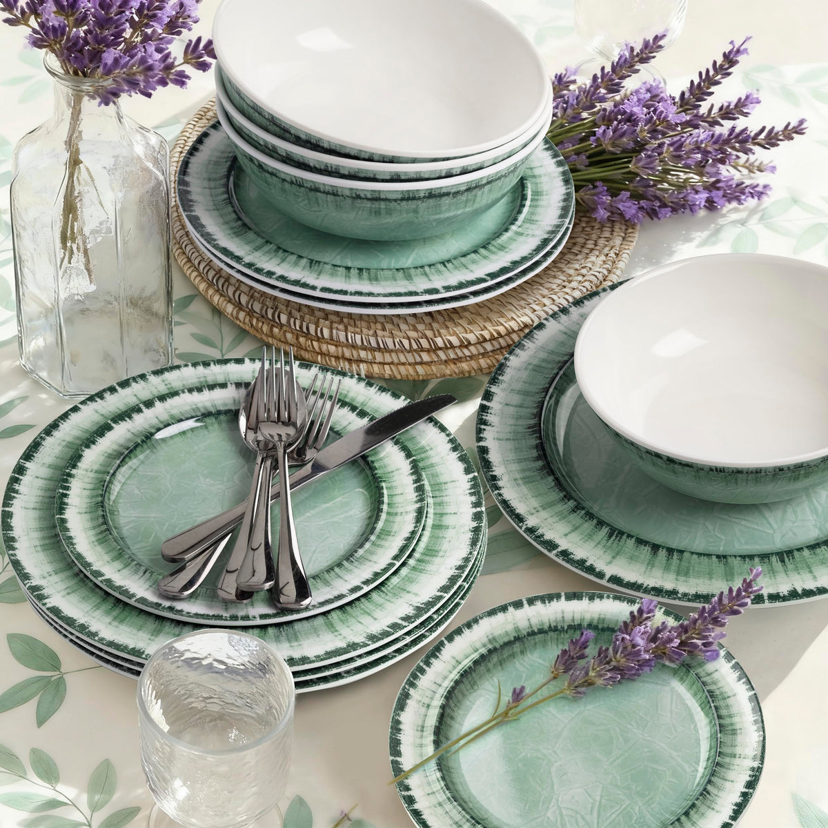 AELS Melamine Dinnerware Set of 18 Pcs Dinner Dishes Set, Lightweight Unbreakable for Indoor and Outdoor Use, BPA Free, Dishwasher Safe, Light Blue