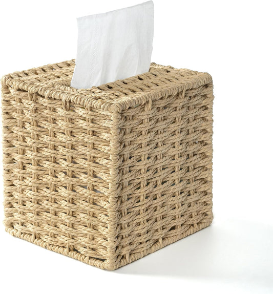 Farmhouse Tissue Box Cover Square, Hand Woven Strawpaper Facial Tissue Paper Holder, Cute Tissue Box Holder Square, Boho Bathroom Decor Box for Tissues Cube Box w/Elastic Bottom, Beige