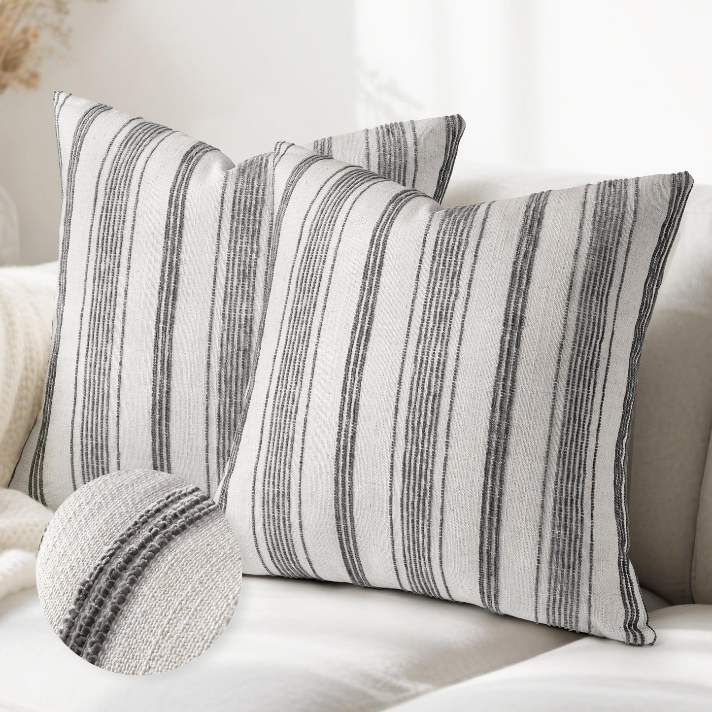 AELS 12x20 Decorative Farmhouse Linen Lumbar Pillow Covers, Beige with Olive Green Chenille Striped Pillow Case, Set of 2, Boho Textured Cushion Cover for Sofa Couch Living Room (Cover ONLY)