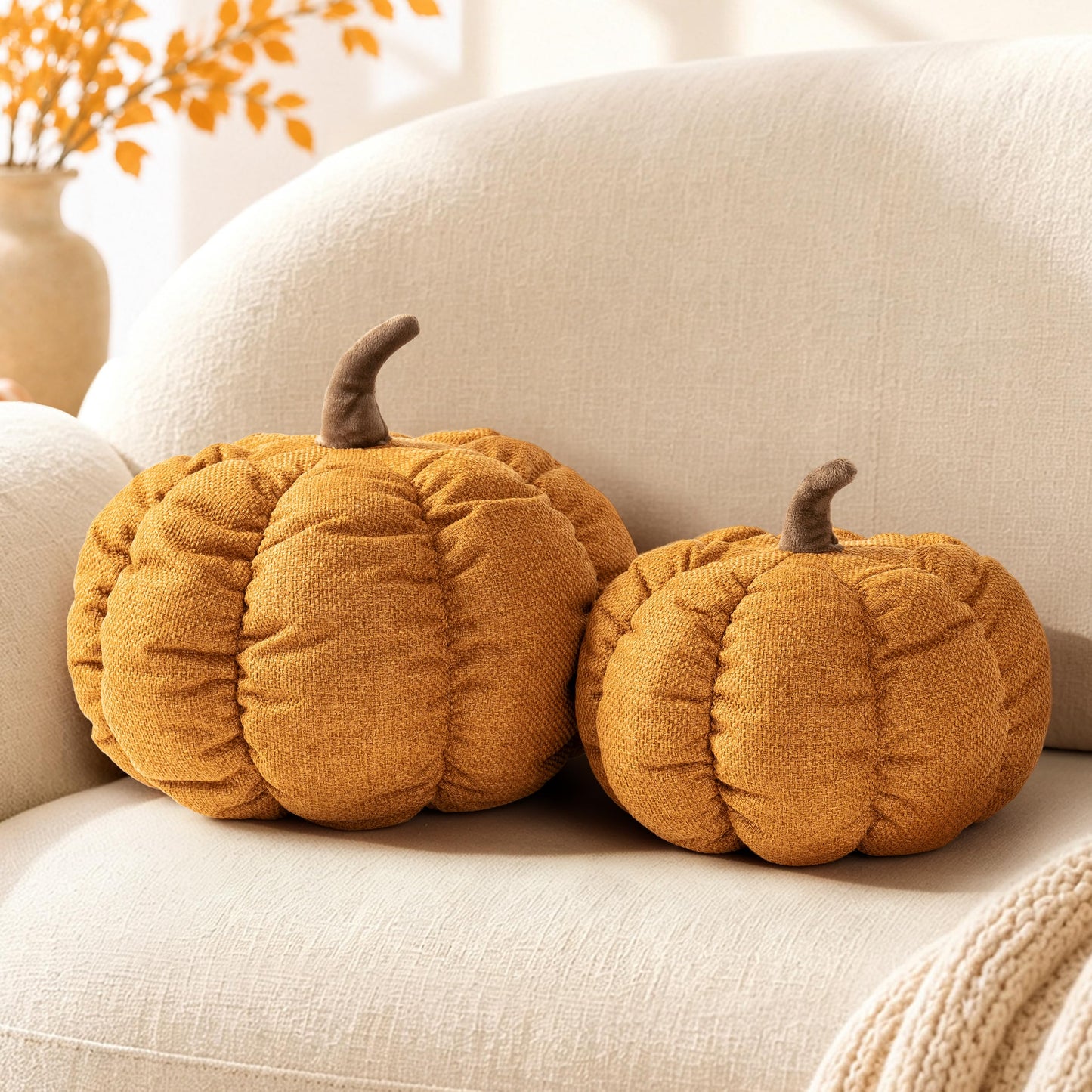 AELS Pumpkin Throw Pillow, 14" Burnt Orange Textured Fall Decorative Pillow | for Couch Sofa Bed Living Room Home Decor, Farmhouse 3D Fall Halloween Thanksgiving Decorative Accent Pillows