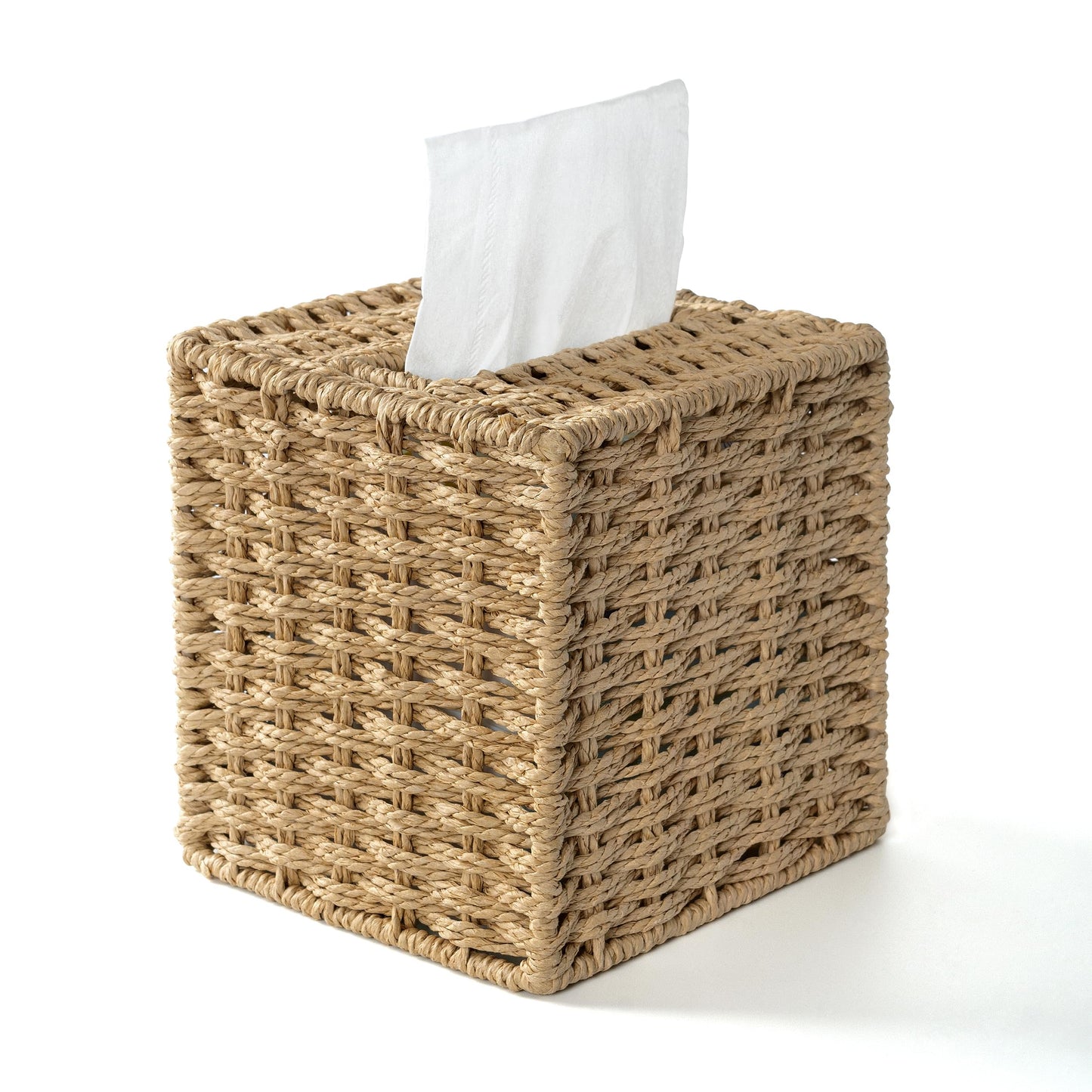 Farmhouse Tissue Box Cover Square, Hand Woven Strawpaper Facial Tissue Paper Holder, Cute Tissue Box Holder Square, Boho Bathroom Decor Box for Tissues Cube Box w/Elastic Bottom, Beige