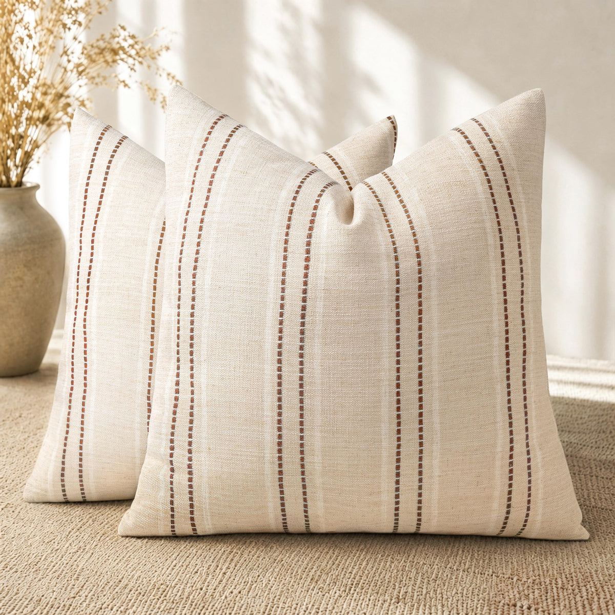 AELS 20x20 Decorative Farmhouse Linen Blend Throw Pillow Covers, Boho Textured Pillow Case, Set of 2, Beige with White & Brown Stitch Yarn Dyed Stripe Cushion Cover for Sofa Living Room (Cover O