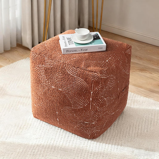 Unstuffed Boho Textured Pouf Cover, Organic Modern Mid Century Rainbow Tufted Storage Bean Bag Cubes, Farmhouse Square Ottoman Pouf Foot Rest Footstool, 18"x18"x18", Cover ONLY, Burnt Orange