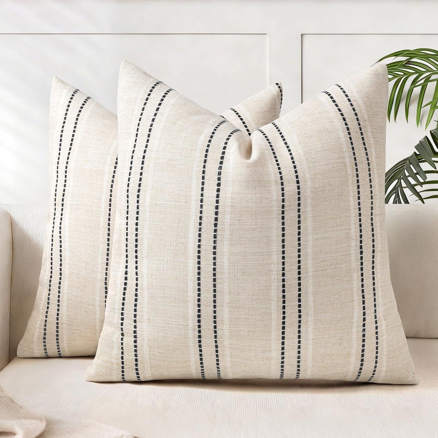 AELS 12x20 Decorative Farmhouse Linen Blend Throw Pillow Covers, Boho Textured Pillow Case, Set of 2, Beige with White & Brown Stitch Yarn Dyed Stripe Cushion Cover for Sofa Living Room (Cover ONLY)