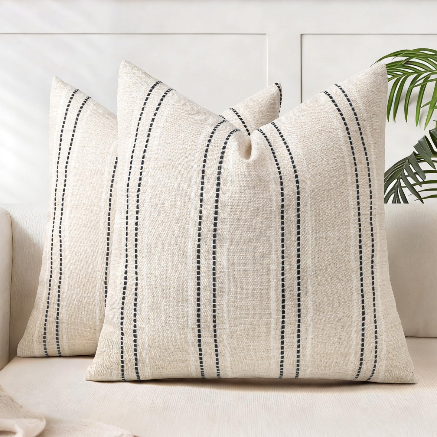 AELS 12x20 Decorative Farmhouse Linen Blend Throw Pillow Covers, Boho Textured Pillow Case, Set of 2, Beige with White & Brown Stitch Yarn Dyed Stripe Cushion Cover for Sofa Living Room (Cover ONLY)