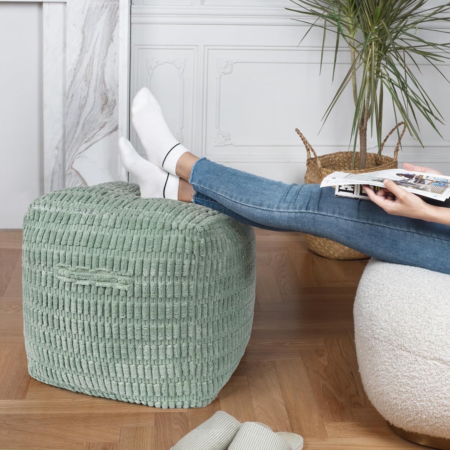 Unstuffed Farmhouse Pouf Cover for Living Room, Boho Storage Bean Bag Cubes, Sage Green Soft Corduroy Plush Sripe Square Ottoman Pouf Foot Rest Footstool, 18"x18"x18", Cover ONLY