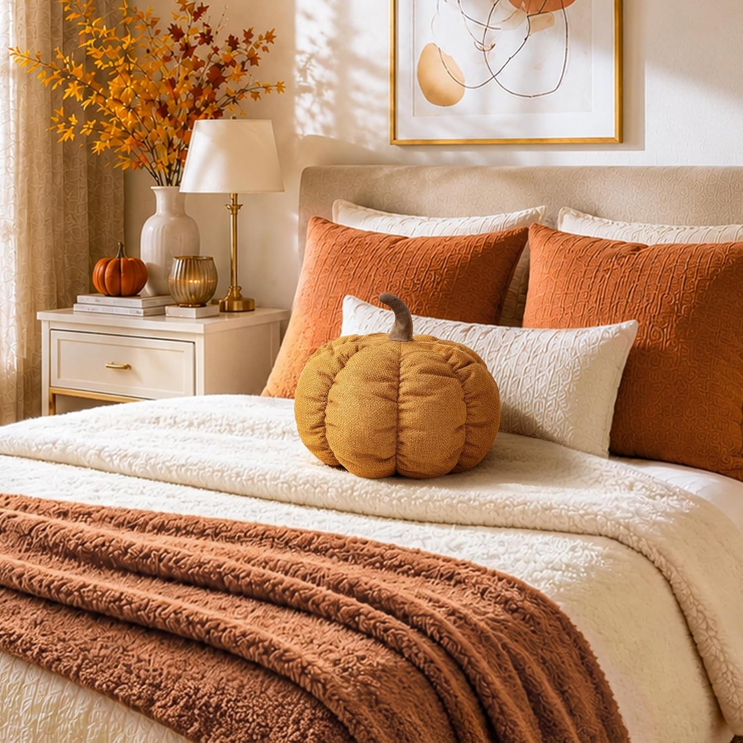 AELS Pumpkin Throw Pillow, 14" Burnt Orange Textured Fall Decorative Pillow | for Couch Sofa Bed Living Room Home Decor, Farmhouse 3D Fall Halloween Thanksgiving Decorative Accent Pillows