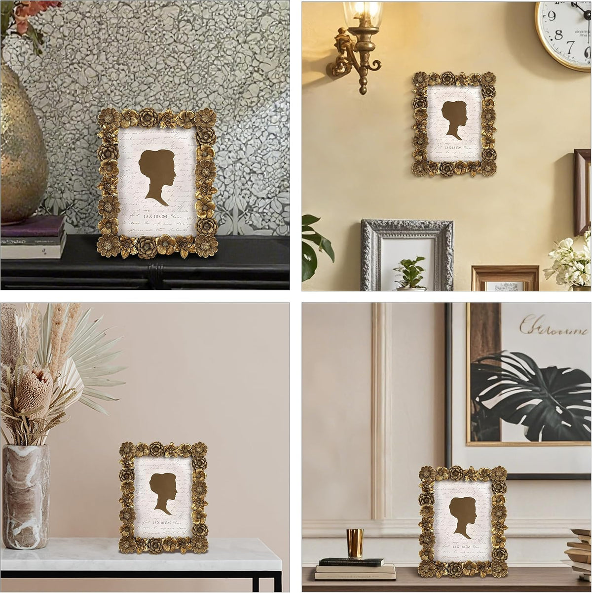 AELS 5x7 Inch Floral Vintage Picture Frame, Elegant Antique Photo Frames with Glass Front, Photo Display, Tabletop Wall Hanging, Gift Ideas, Gold Flower