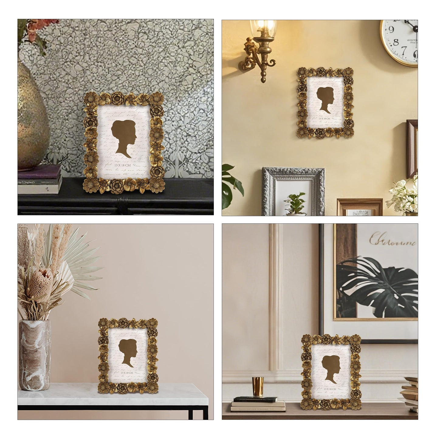 AELS 5x7 Inch Floral Vintage Picture Frame, Elegant Antique Photo Frames with Glass Front, Photo Display, Tabletop Wall Hanging, Gift Ideas, Gold Flower
