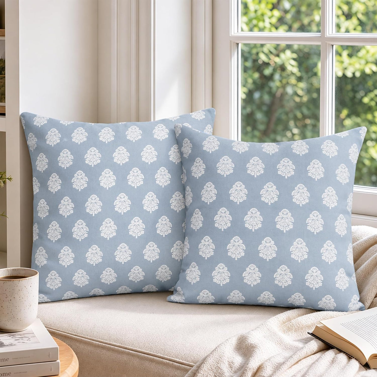 AELS 18x18 Decorative Farmhouse Throw Pillow Covers, Boho Floral Block Print Pillow Covers, Set of 2, Slate Blue Botanical Cushion Covers for Sofa Couch Bed Living Room Bedroom, Cover Only