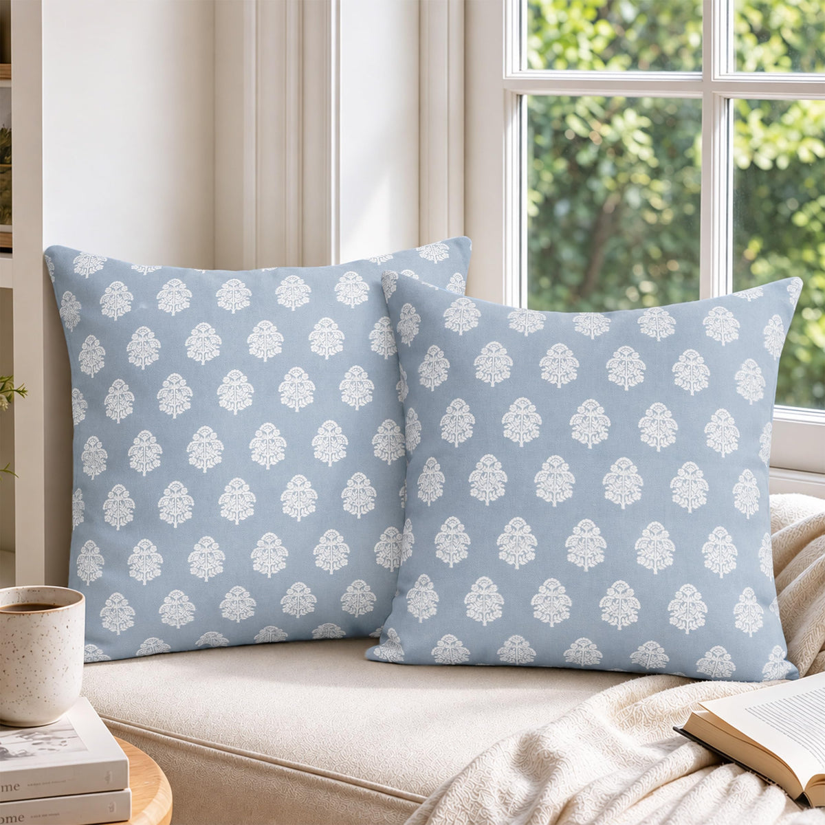 AELS 18x18 Decorative Farmhouse Throw Pillow Covers, Boho Floral Block Print Pillow Covers, Set of 2, Slate Blue Botanical Cushion Covers for Sofa Couch Bed Living Room Bedroom, Cover Only