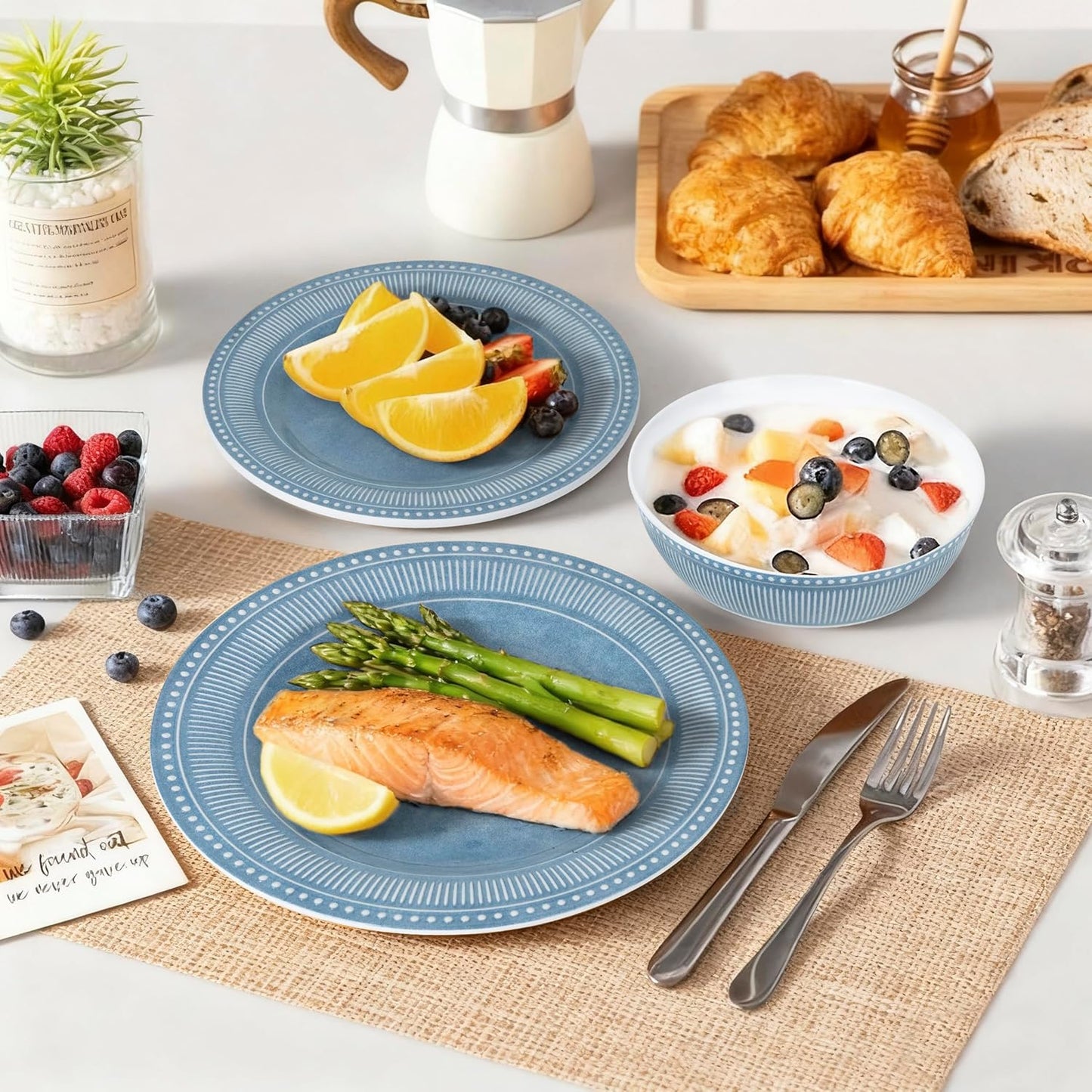 Melamine Dinnerware Set of 12 Pcs, Dinner Dishes Set for Indoor and Outdoor Use, Melamine Plates and Bowls Set for 4, Dishwasher Safe, Lightweight Unbreakable, BPA Free, Blue