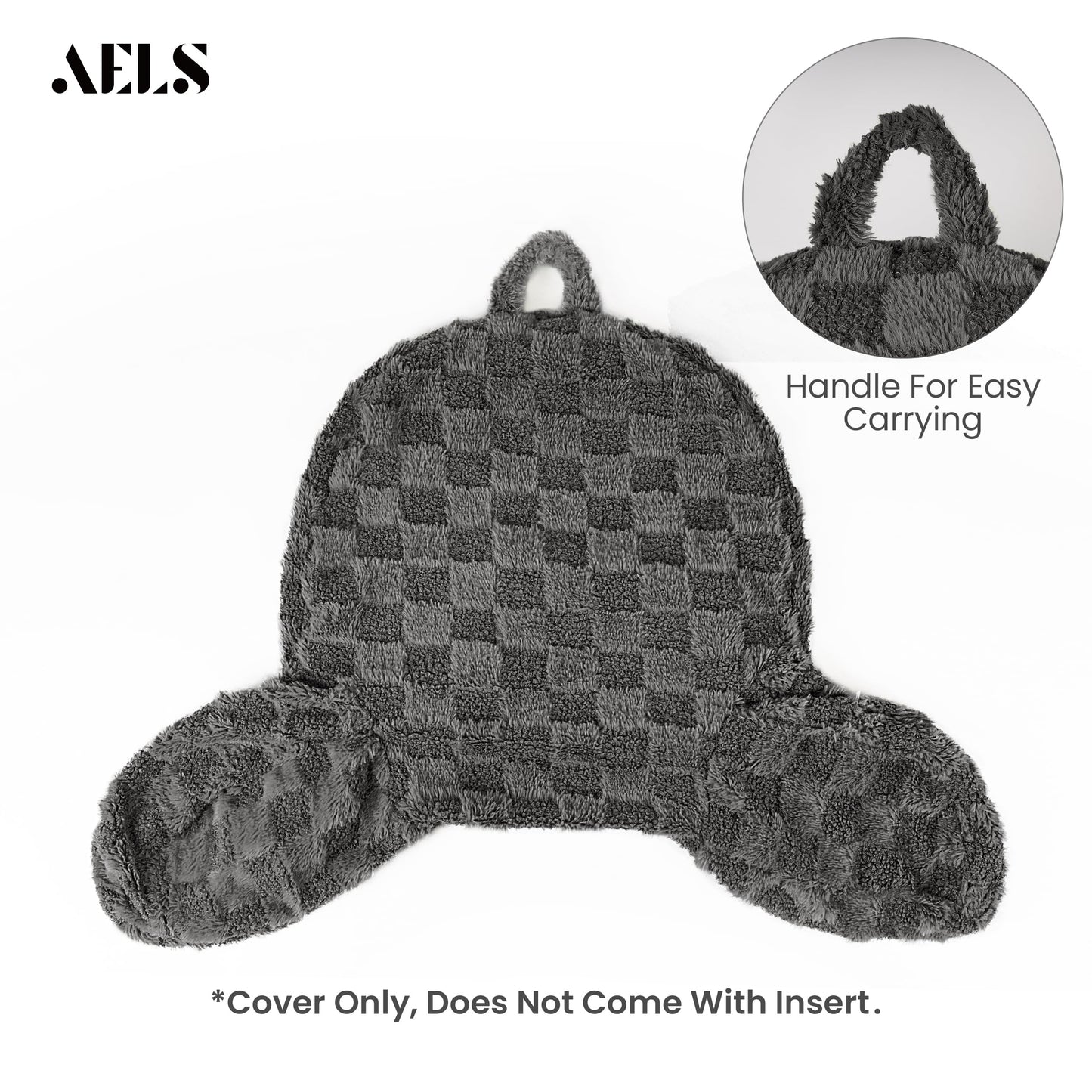 Large Reading Pillow Replacement Cover with Arms and Pockets (Cover ONLY), 18" Soft Faux Fur Checkered Backrest Pillow Cover Fits Standard Size Reading Pillows, Beige