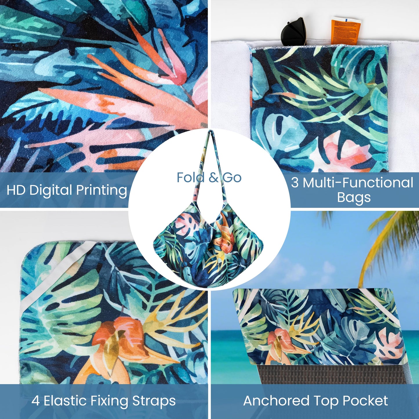 AELS Lounge Chair Towel Cover, Pack of 2 - Microfiber Beach Towels with Pockets, Fits Outdoor Garden Beach Hotel Pool Chairs, Non-Slip & Portable Design, 85" X 30", Sea Turtle Blue Stripe