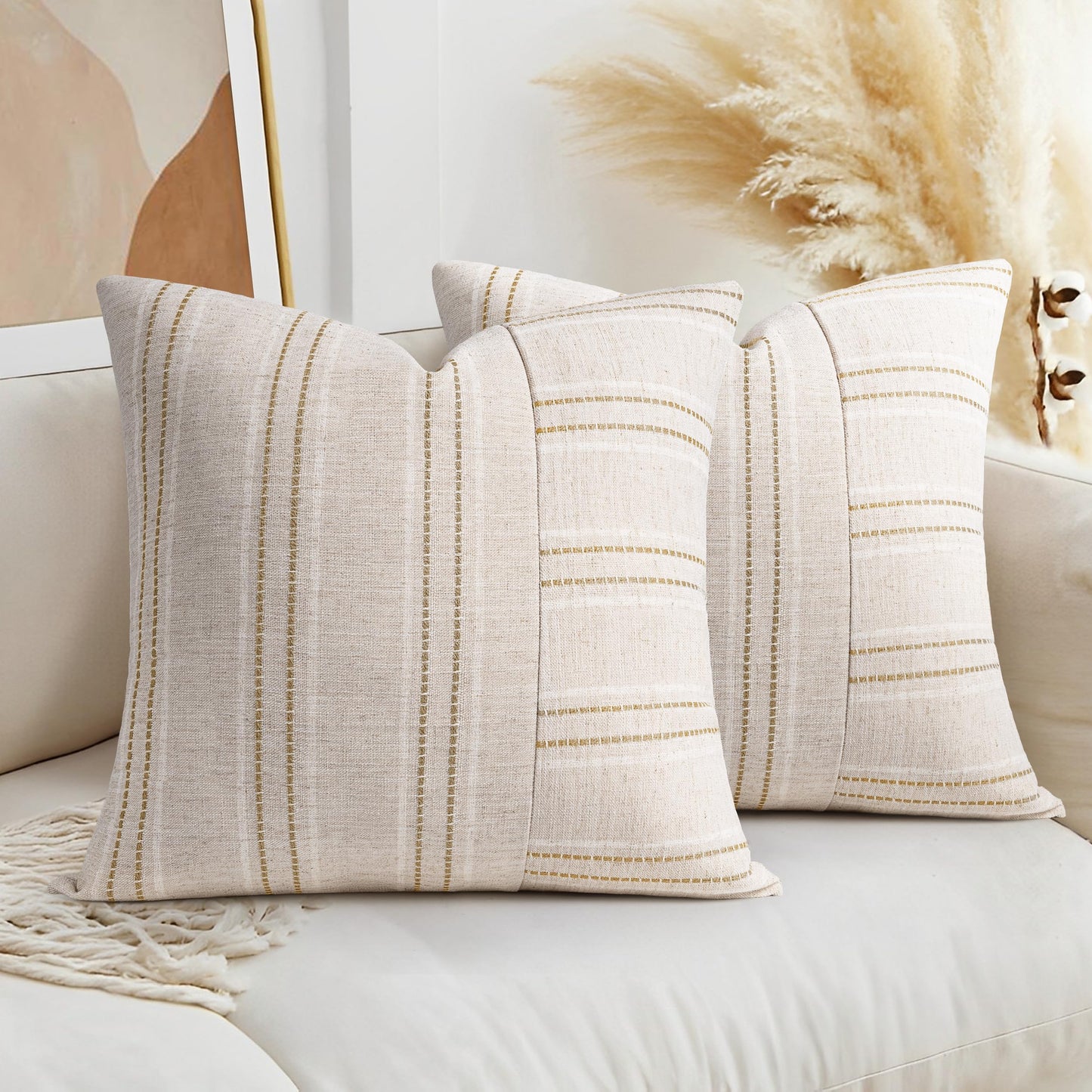 AELS 12x20 Decorative Farmhouse Linen Throw Pillow Covers, Boho Rectangle Lumbar Pillow Case, Set of 2, Beige with White & Gray Stripe Patchwork Cushion Cover for Sofa Couch Living Room (Cover ONLY)