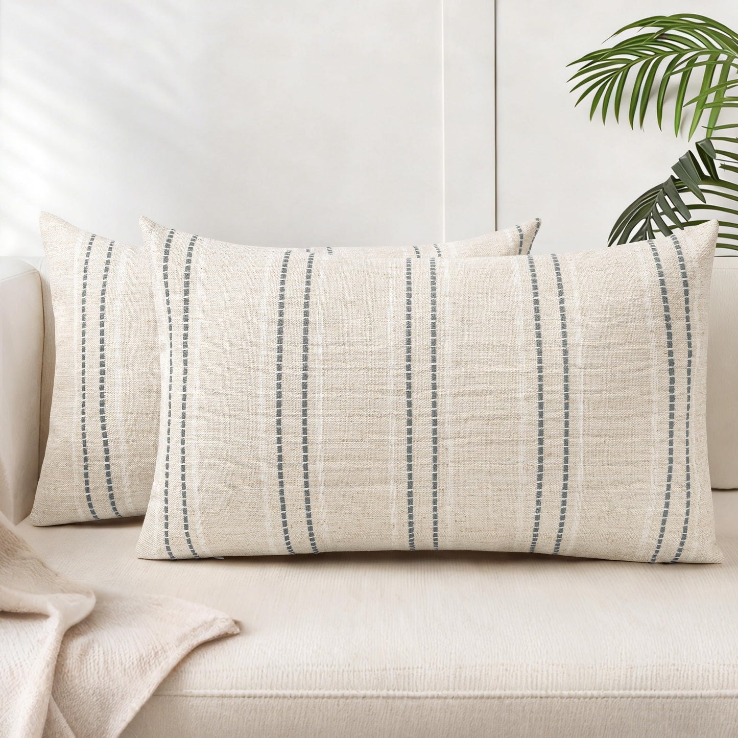 AELS 12x20 Decorative Farmhouse Linen Blend Throw Pillow Covers, Boho Textured Pillow Case, Set of 2, Beige with White & Brown Stitch Yarn Dyed Stripe Cushion Cover for Sofa Living Room (Cover ONLY)