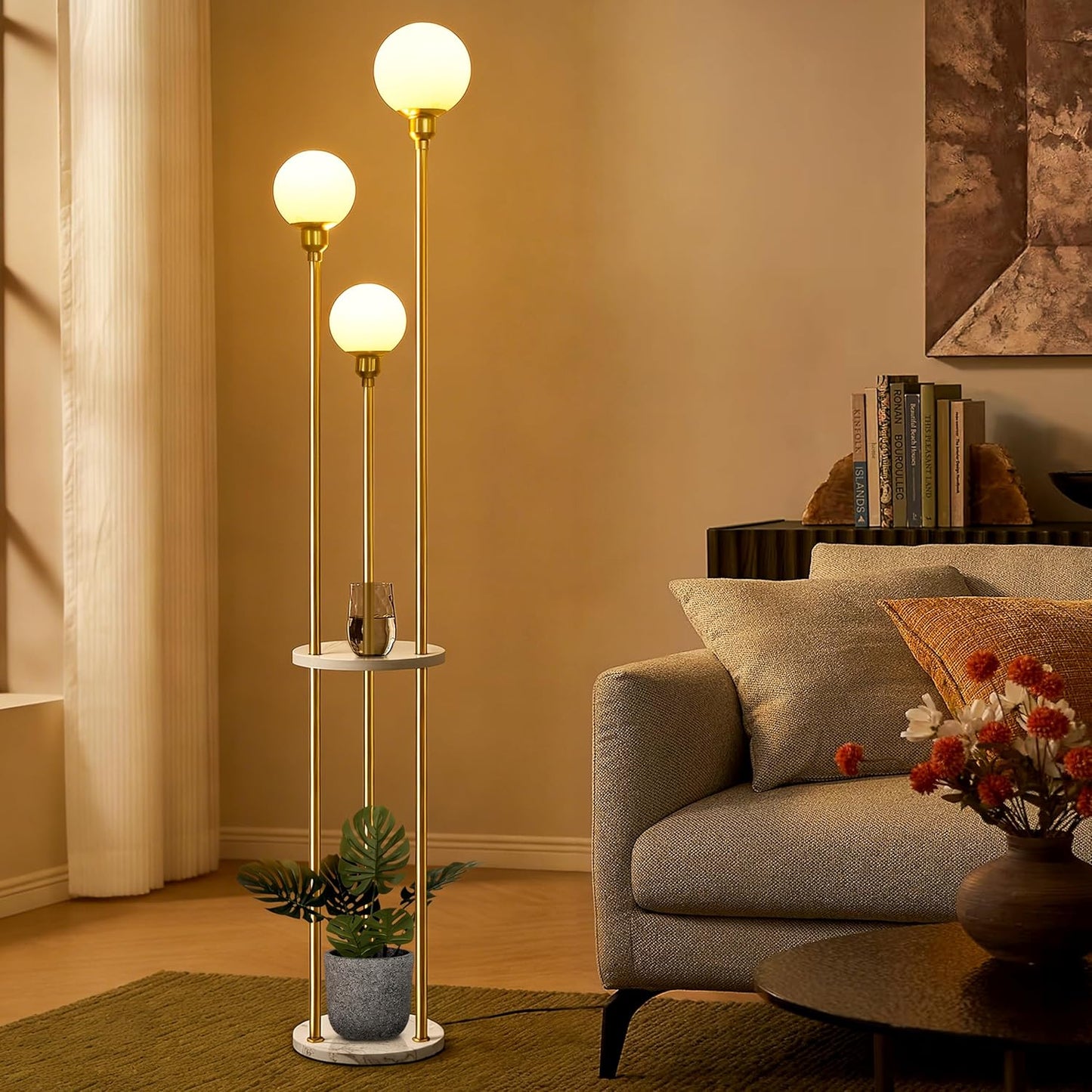 AELS 66" Tall 3 Globe Gold Floor Lamp with Shelves, Mid Century Modern Floor Lamp with Table, Tall Lamp for Living Room Corner Shelf Lamp, Standing 3 Light Lamp for Bedroom with Foot Switch & Blubs