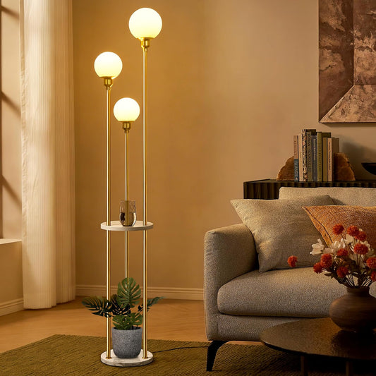 AELS 66" Tall 3 Globe Gold Floor Lamp with Shelves, Mid Century Modern Floor Lamp with Table, Tall Lamp for Living Room Corner Shelf Lamp, Standing 3 Light Lamp for Bedroom with Foot Switch & Blubs