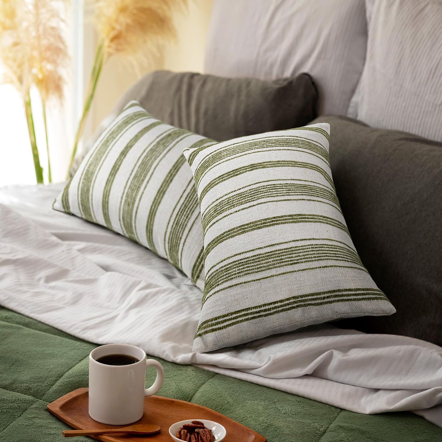 AELS 12x20 Decorative Farmhouse Linen Lumbar Pillow Covers, Beige with Olive Green Chenille Striped Pillow Case, Set of 2, Boho Textured Cushion Cover for Sofa Couch Living Room (Cover ONLY)