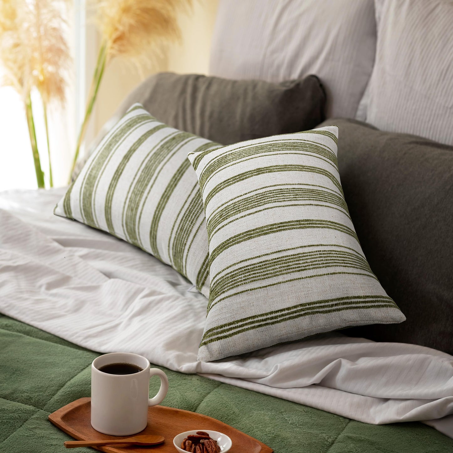 AELS 12x20 Decorative Farmhouse Linen Lumbar Pillow Covers, Beige with Olive Green Chenille Striped Pillow Case, Set of 2, Boho Textured Cushion Cover for Sofa Couch Living Room (Cover ONLY)