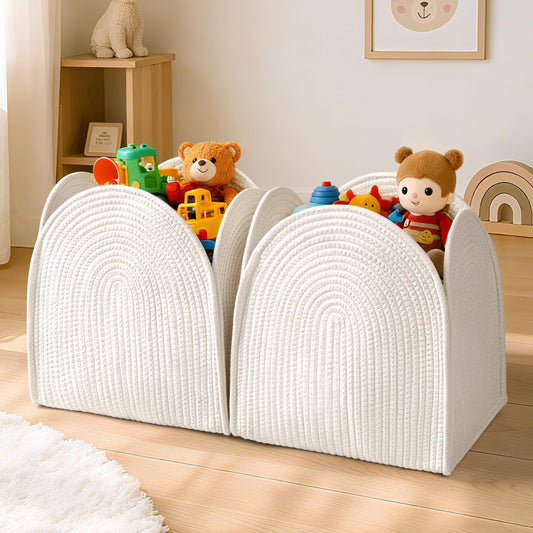 AELS Mid Century Modern 11x11 Cube Storage Bins, Arched Hand Woven Baskets for Storage, Boho Nursery Room Decor, Modern Farmhouse Decorative Cotton Rope Basket for Closet Organizer, Cream White