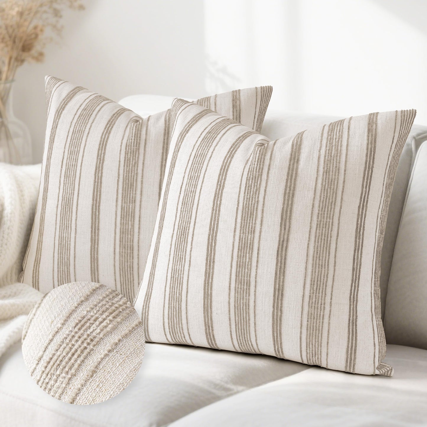 AELS 12x20 Decorative Farmhouse Linen Lumbar Pillow Covers, Beige with Olive Green Chenille Striped Pillow Case, Set of 2, Boho Textured Cushion Cover for Sofa Couch Living Room (Cover ONLY)