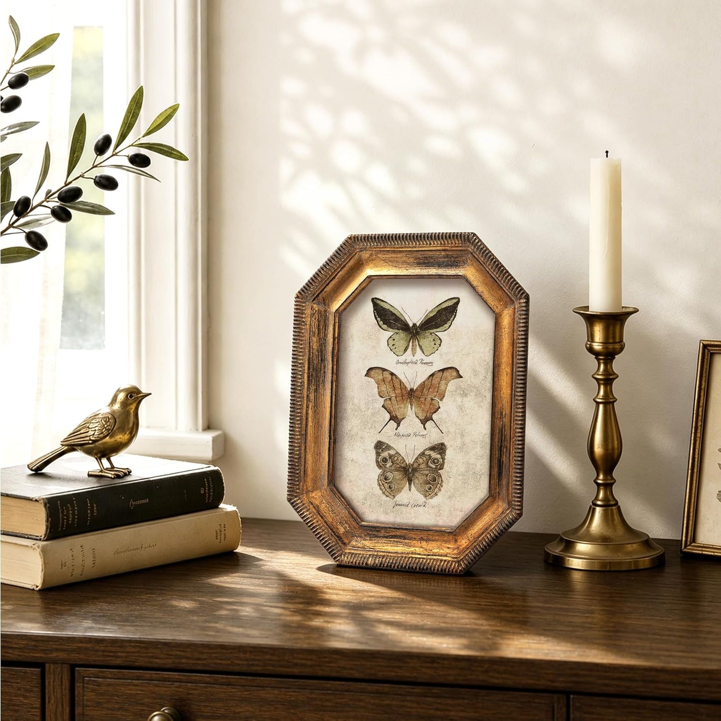 AELS 5x7 Inch Vintage Octagonal Picture Frame, Elegant Antique Ridged Design Photo Frames with Glass Front, Photo Display, Tabletop Wall Hanging, Gift Ideas, Distressed Bronze