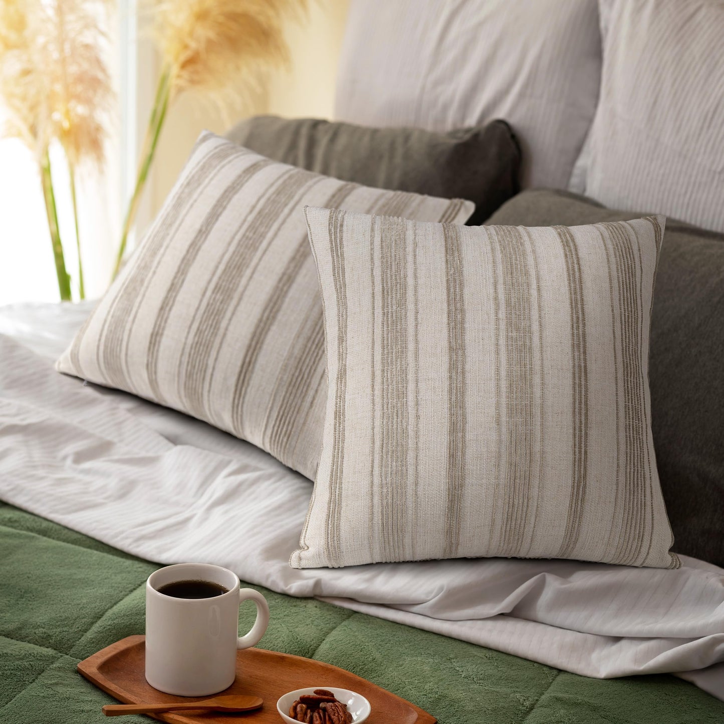 AELS 12x20 Decorative Farmhouse Linen Lumbar Pillow Covers, Beige with Olive Green Chenille Striped Pillow Case, Set of 2, Boho Textured Cushion Cover for Sofa Couch Living Room (Cover ONLY)