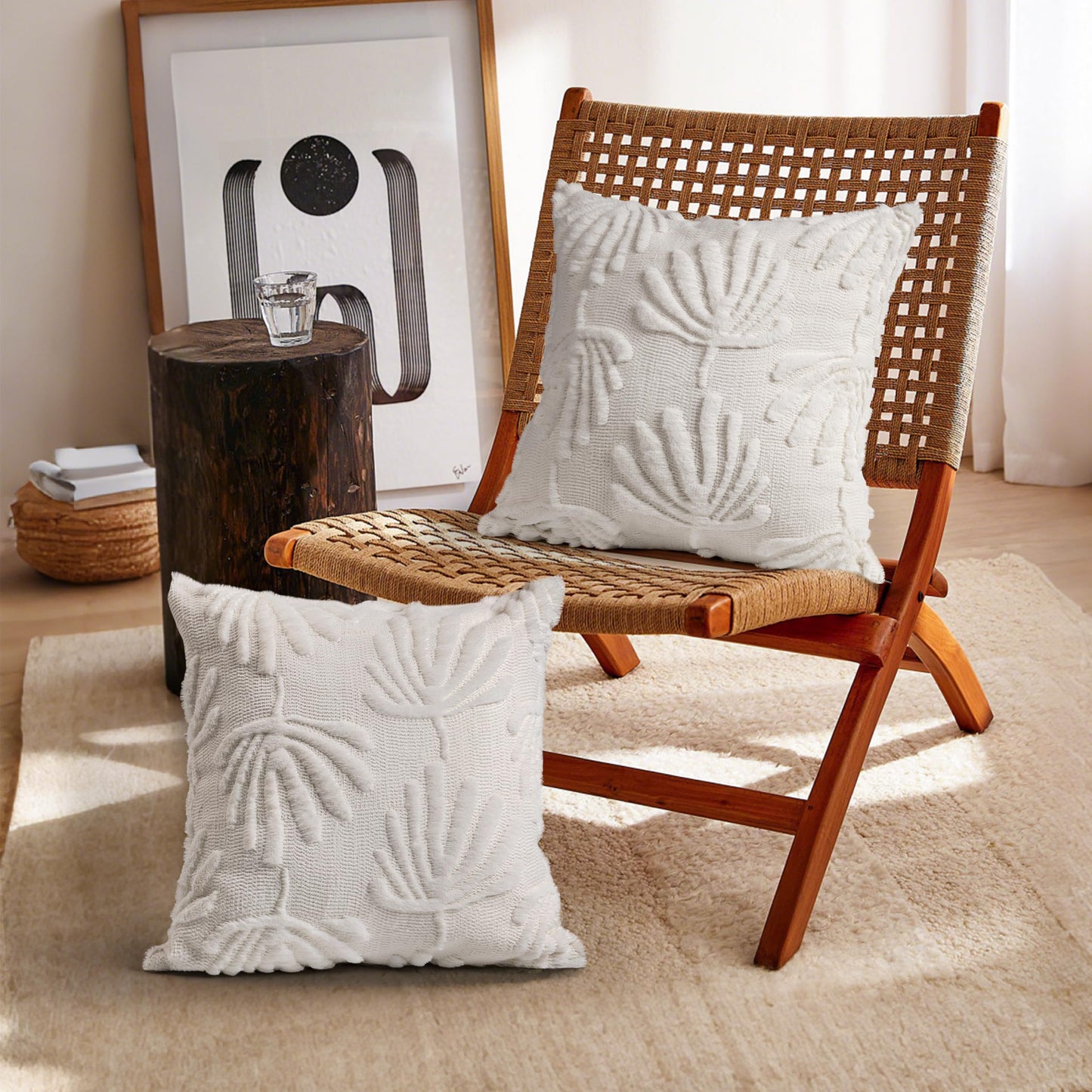 AELS Decorative Throw Pillow Covers 20x20, Set of 2, Modern Farmhouse Fan Palm Leaves Soft Plush Couch Pillow Case for Bed Couch Sofa, Cream White (Covers Only)