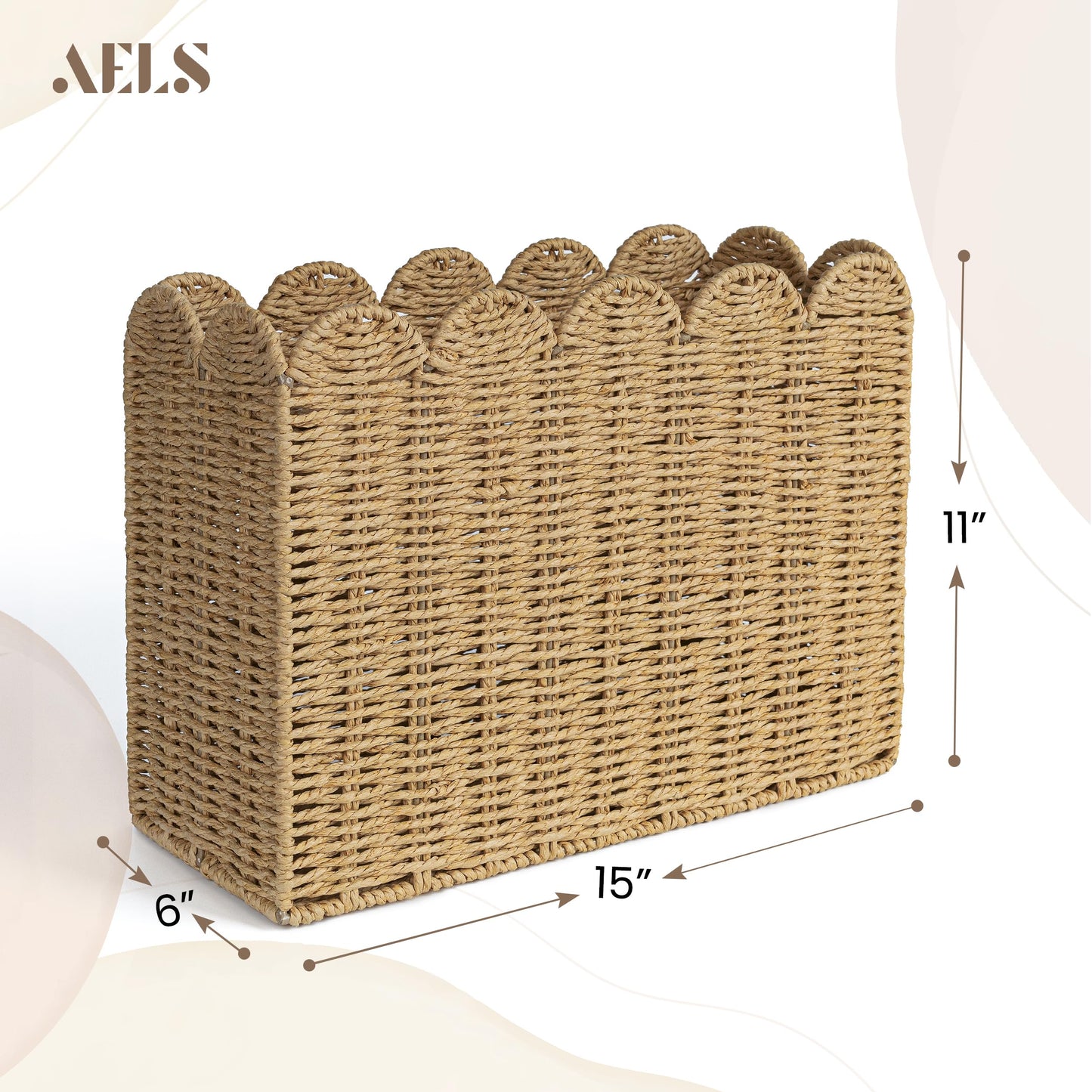 Woven Natural Fibre Magazine Holder, Scalloped Edge Floor Magazine Rack, Hand-woven Organizer, Boho Modern Farmhouse Book Basket, File Newspaper Mail Holder for Office