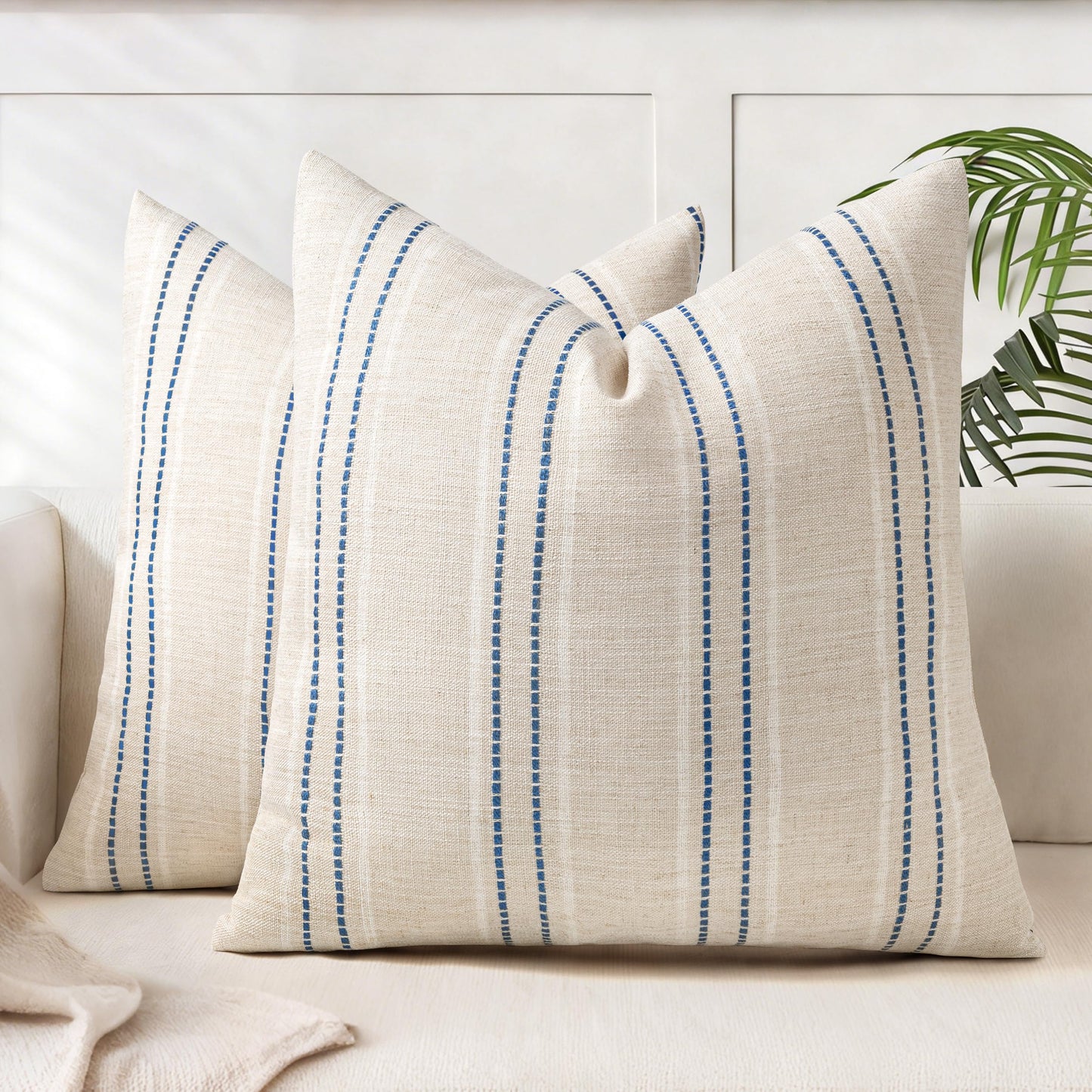 AELS 12x20 Decorative Farmhouse Linen Blend Throw Pillow Covers, Boho Textured Pillow Case, Set of 2, Beige with White & Brown Stitch Yarn Dyed Stripe Cushion Cover for Sofa Living Room (Cover ONLY)