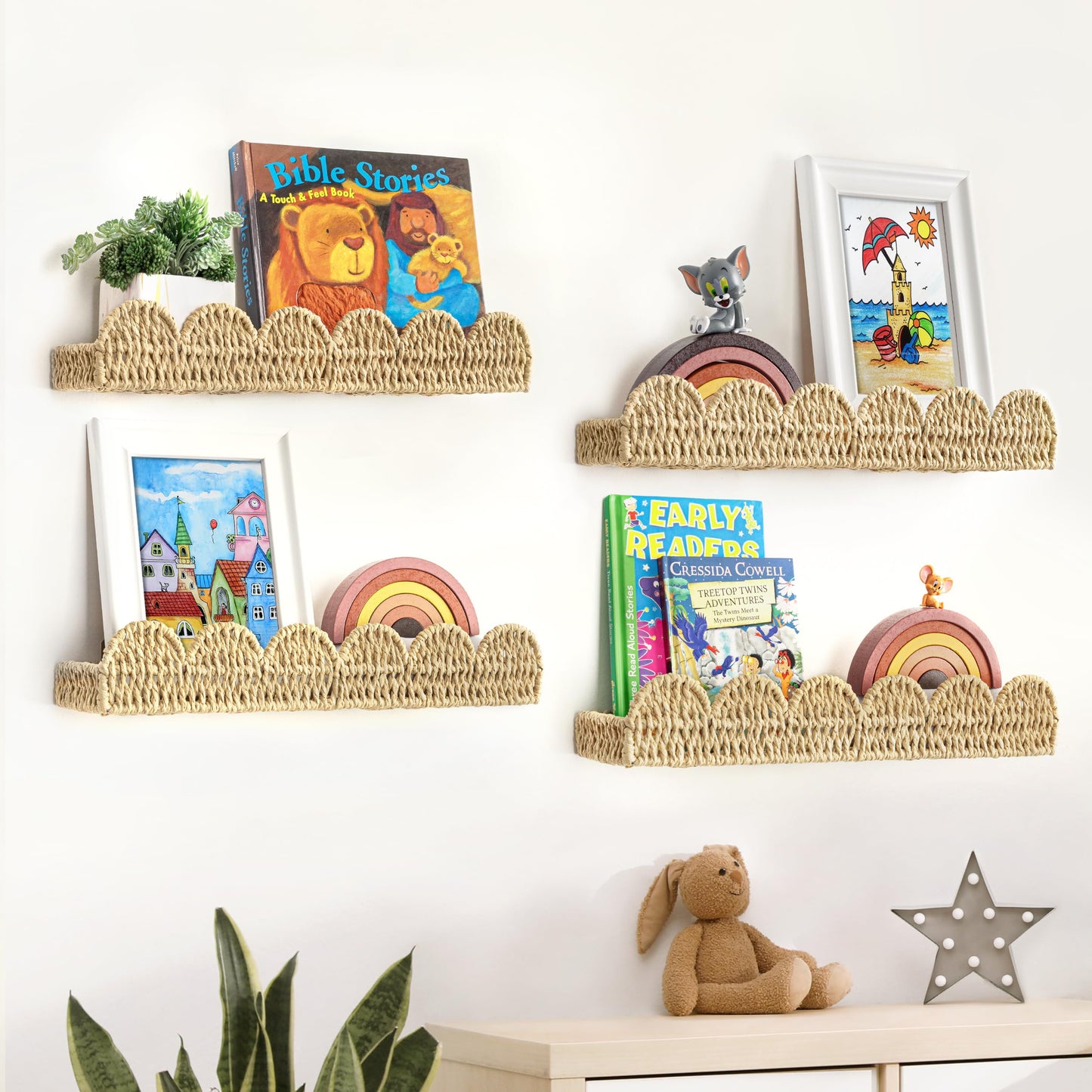 Scalloped Nursery Bookshelf, Set of 2, Picture Ledge Shelf for Wall Decor, Woven Straw Paper Floating Shelves for Books, Toys, Photo Frames, Nursery, Boho Modern Farmhouse Book Shelf, Beige