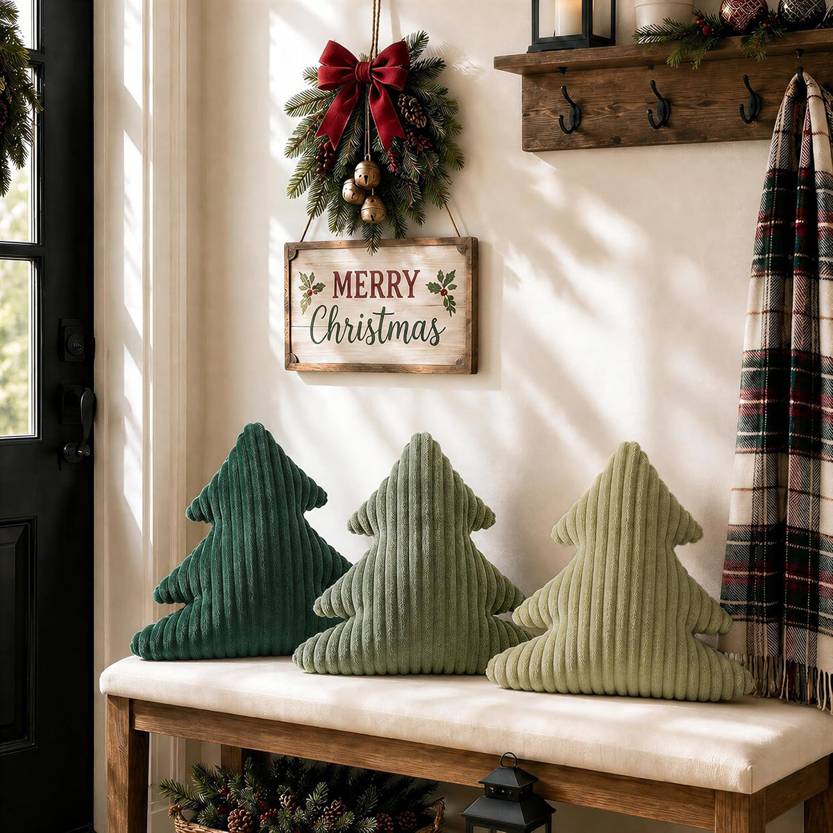 AELS Faux Fur Christmas Tree Decorative Pillow Set of 3, Forest Green Series