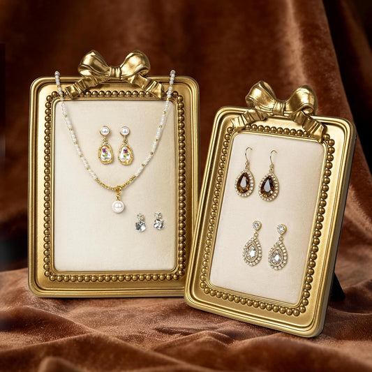 Vintage Gold Jewelry Display Frame Set, 6.7″x9.6″ & 5.7″x8.6″ Decorative Trinket Holders with Velvet Backing, Bow Design Jewelry Organizer Stands for Earrings, Necklaces & Accessories, Gift Ideas