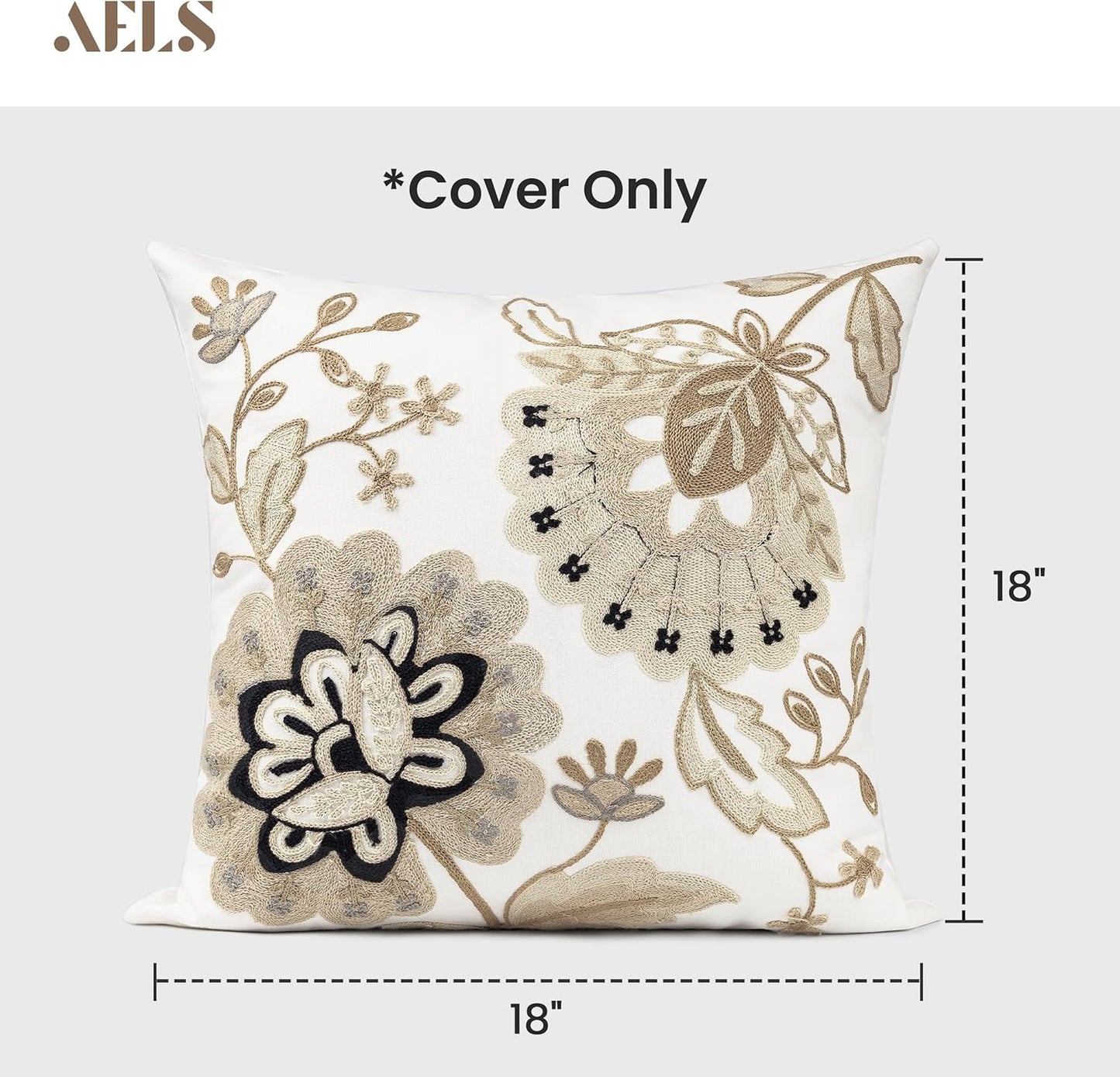 AELS Embroidered Throw Pillow Covers 18"x18" Set of 2, Chic Modern Farmhouse Floral Cotton Cushion Covers for Couch, Sofa, Bed, and Living Room Decor, Sand Bloom