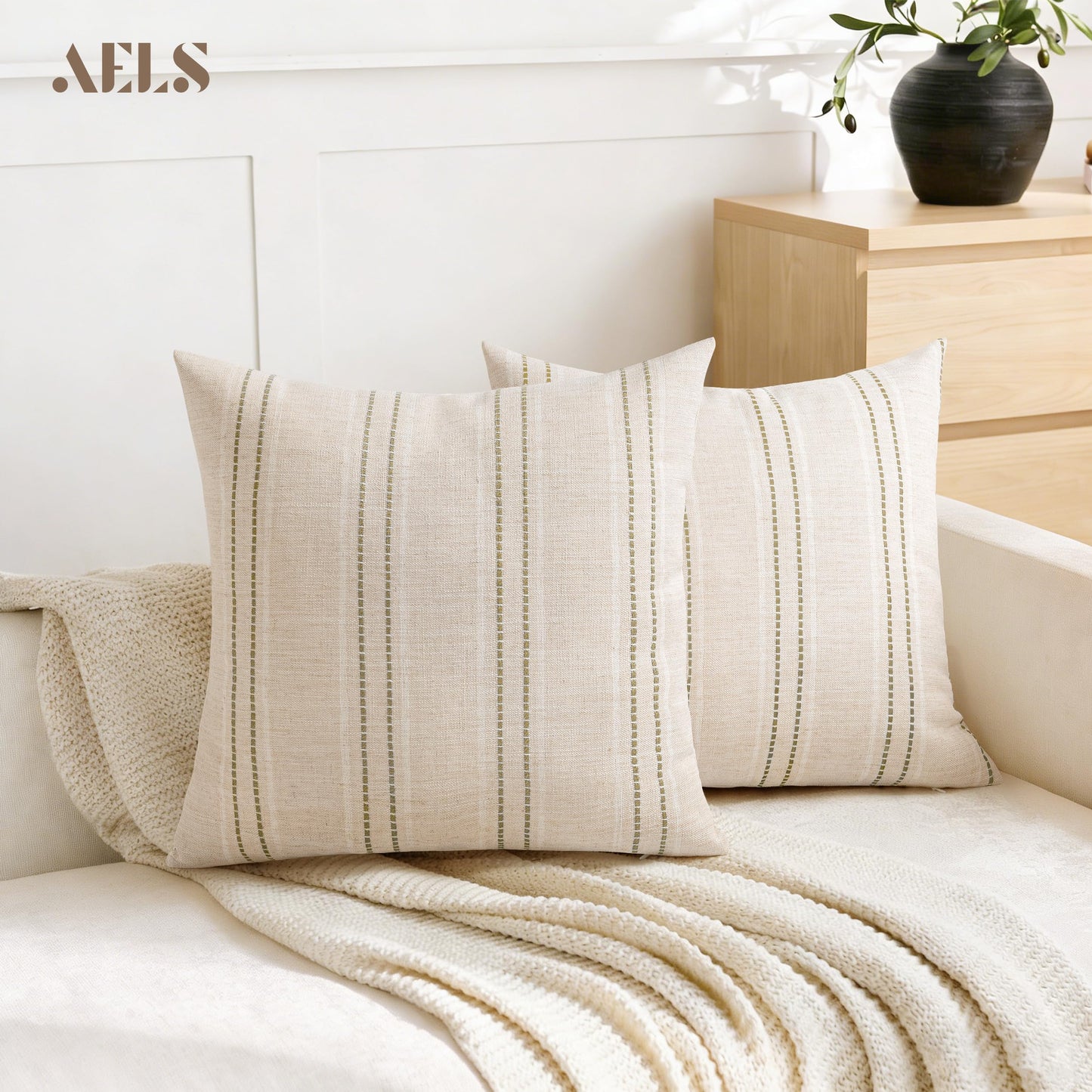 AELS 12x20 Decorative Farmhouse Linen Blend Throw Pillow Covers, Boho Textured Pillow Case, Set of 2, Beige with White & Brown Stitch Yarn Dyed Stripe Cushion Cover for Sofa Living Room (Cover ONLY)