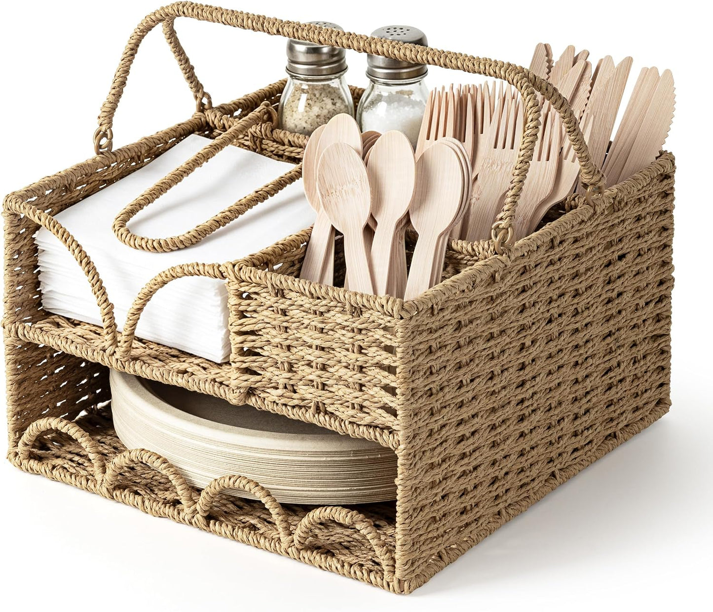Woven Rattan Utensil Caddy with Handle, Silverware Holder for Napkins, Cutlery, Condiments & Picnic Supplies, Multipurpose Flatware Organizer for Kitchen, Dining, Buffet, BBQ & Party