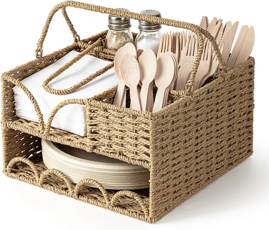 Woven Rattan Utensil Caddy with Handle, Silverware Holder for Napkins, Cutlery, Condiments & Picnic Supplies, Multipurpose Flatware Organizer for Kitchen, Dining, Buffet, BBQ & Party