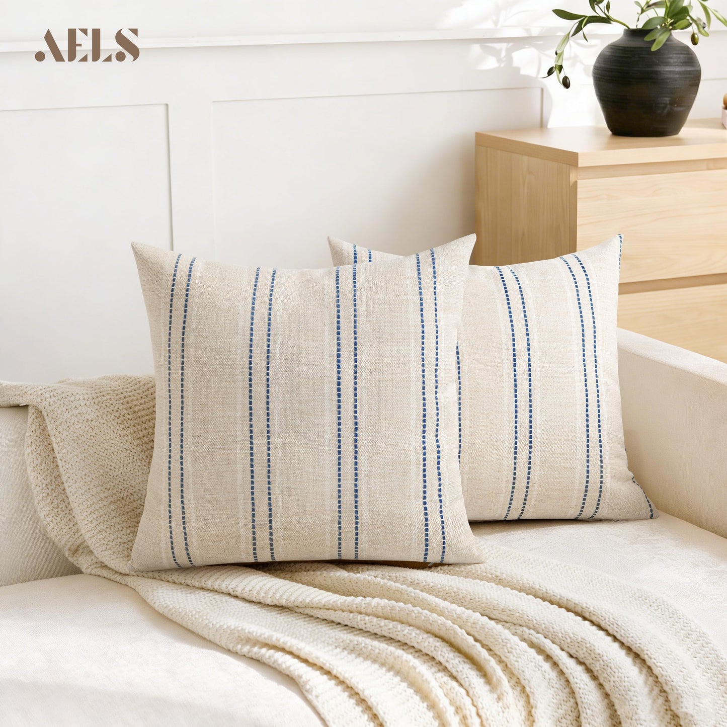 AELS 12x20 Decorative Farmhouse Linen Blend Throw Pillow Covers, Boho Textured Pillow Case, Set of 2, Beige with White & Brown Stitch Yarn Dyed Stripe Cushion Cover for Sofa Living Room (Cover ONLY)