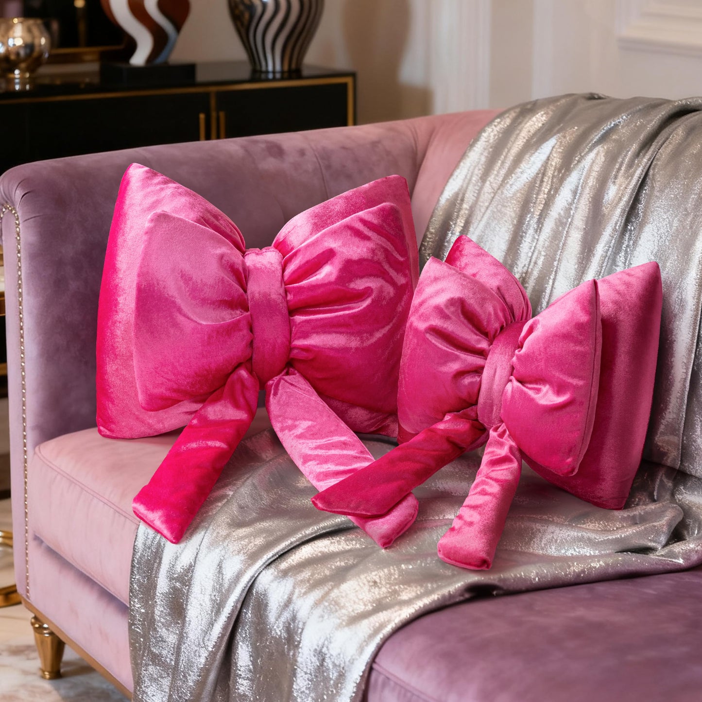 AELS Bow Pillow Decorative Throw Pillow, Shining Velvet Cute Pillow, 15.3"" & 13.7"" for Valentine's Day, Wedding, Christmas, Living Room, Bedroom, Nursery Decor, Red