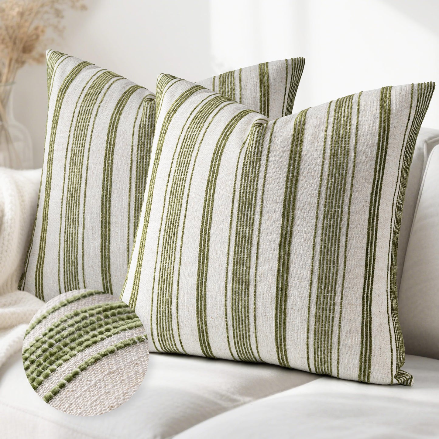 AELS 12x20 Decorative Farmhouse Linen Lumbar Pillow Covers, Beige with Olive Green Chenille Striped Pillow Case, Set of 2, Boho Textured Cushion Cover for Sofa Couch Living Room (Cover ONLY)