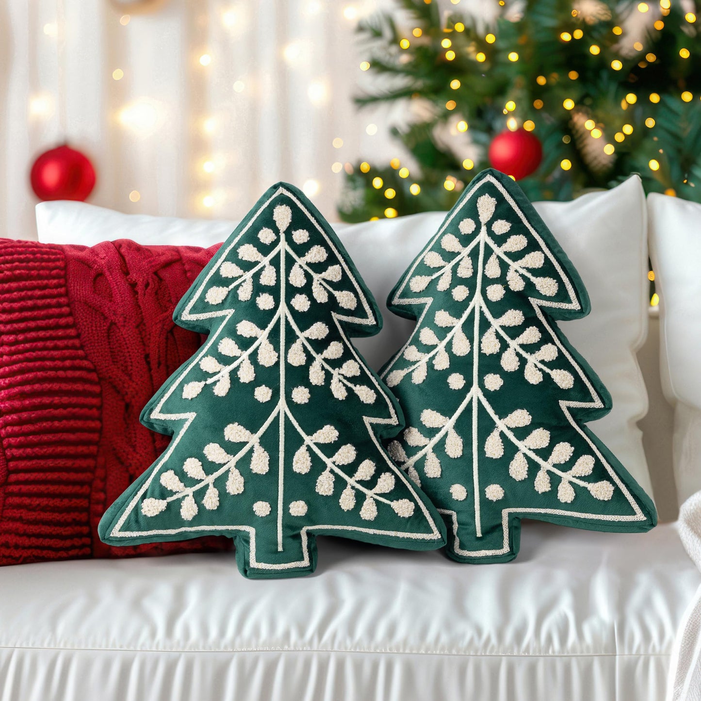 AELS 18.5" Embroidered Merry Christmas Tree Decorative Throw Pillow, Holiday Throw Pillows for Christmas Decor, Plush Tree Shaped Decorative Pillows for Living Room Bedroom Sofa, Green