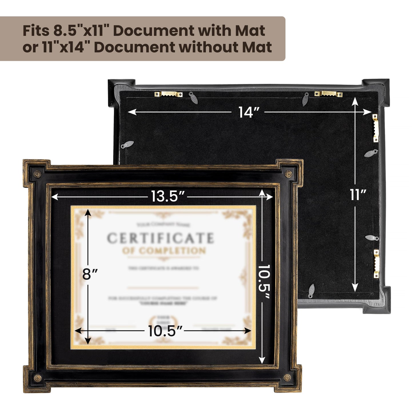 AELS 8.5 x 11 Diploma Frame for Wall and Tabletop Display, Vintage College Degree Document Certificate Frame with HD Glass, Fits 8.5 x 11 Certificates with Mat or 11 x 14 without Mat, Black with Gold