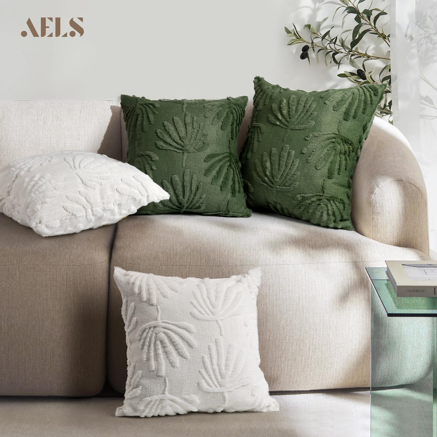 AELS Decorative Throw Pillow Covers 20x20, Set of 2, Modern Farmhouse Fan Palm Leaves Soft Plush Couch Pillow Case for Bed Couch Sofa, Cream White (Covers Only)