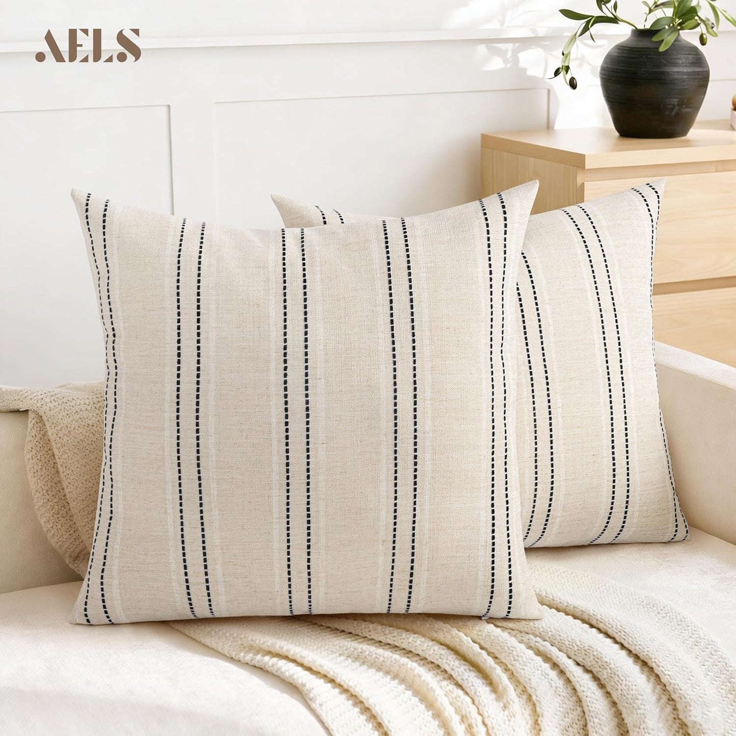 AELS 12x20 Decorative Farmhouse Linen Blend Throw Pillow Covers, Boho Textured Pillow Case, Set of 2, Beige with White & Brown Stitch Yarn Dyed Stripe Cushion Cover for Sofa Living Room (Cover ONLY)
