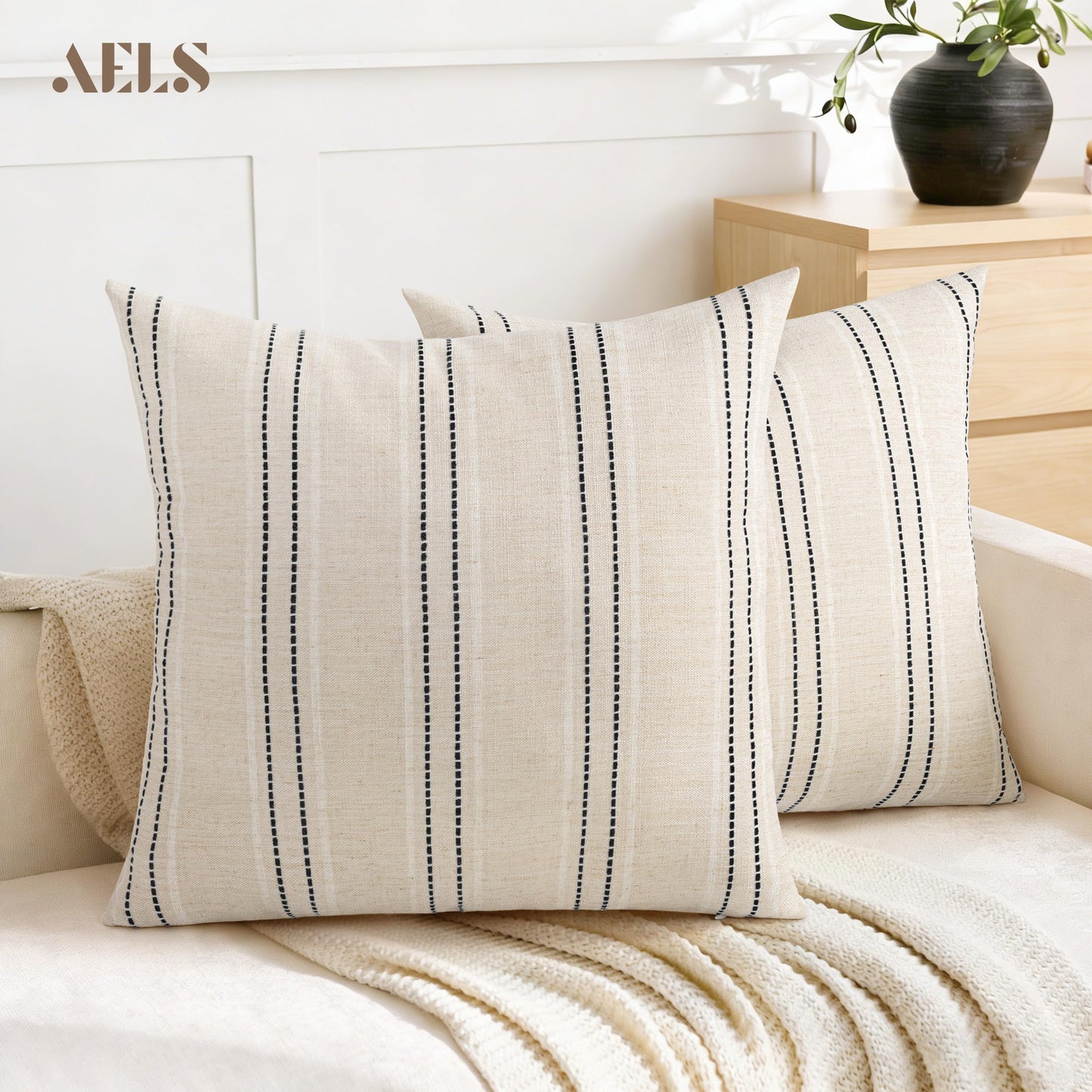 AELS 12x20 Decorative Farmhouse Linen Blend Throw Pillow Covers, Boho Textured Pillow Case, Set of 2, Beige with White & Brown Stitch Yarn Dyed Stripe Cushion Cover for Sofa Living Room (Cover ONLY)