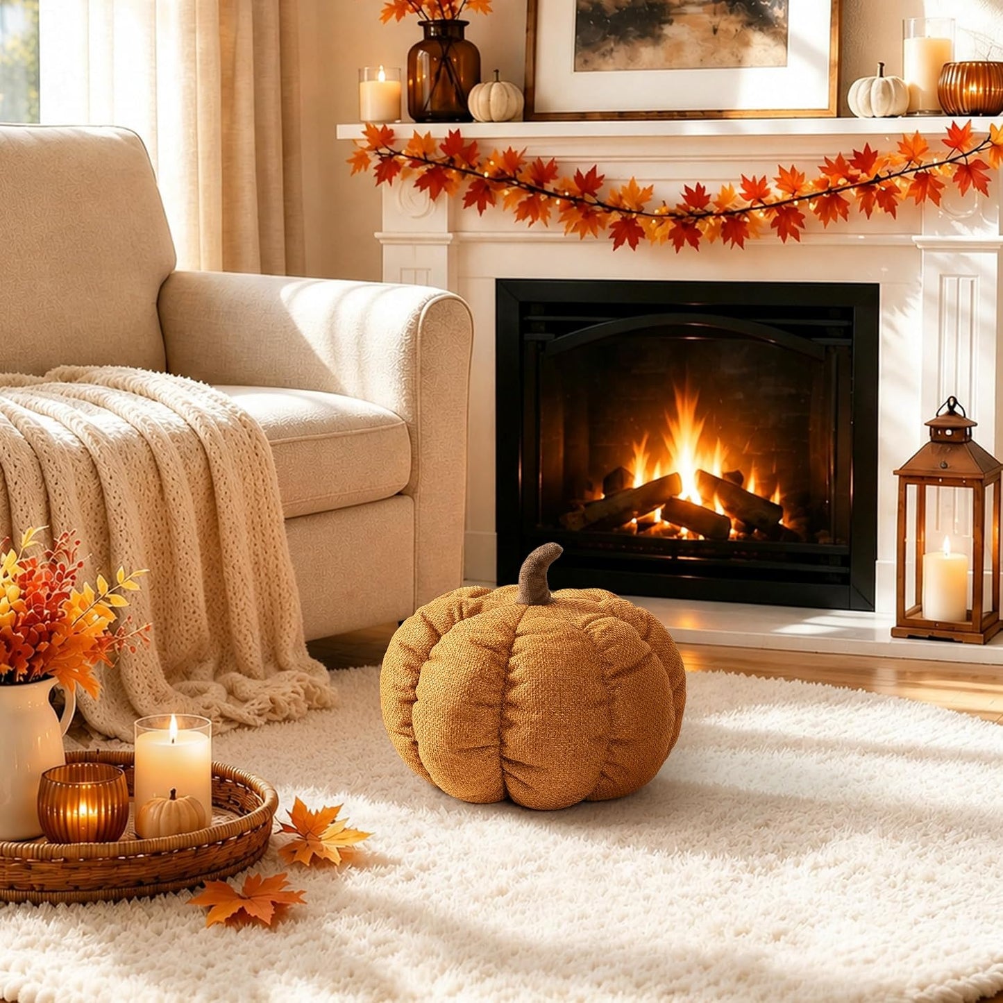 AELS Pumpkin Throw Pillow, 14" Burnt Orange Textured Fall Decorative Pillow | for Couch Sofa Bed Living Room Home Decor, Farmhouse 3D Fall Halloween Thanksgiving Decorative Accent Pillows