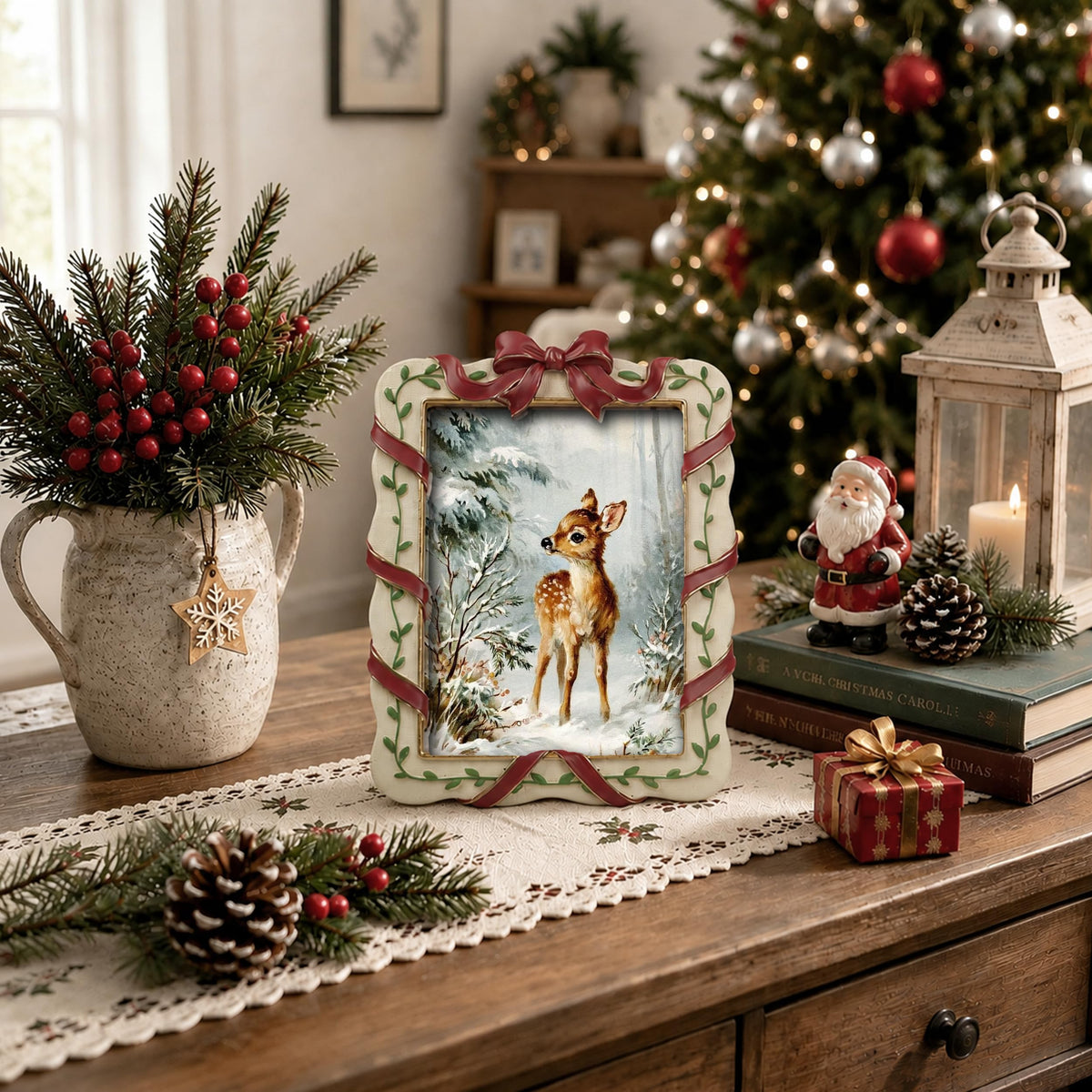 AELS 4x6 Inch Vintage Christmas Tree Picture Frames White Gold Bow