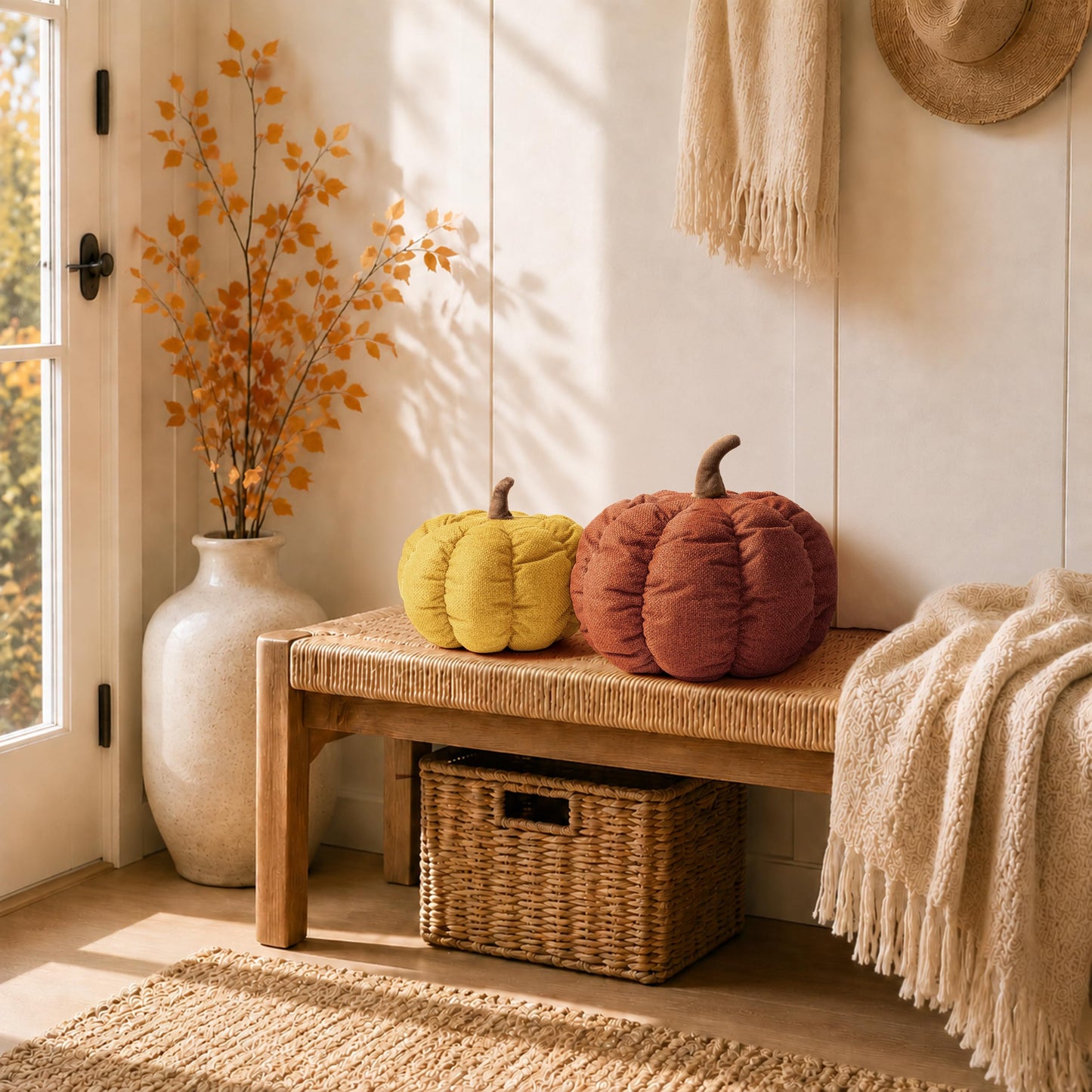 AELS Pumpkin Throw Pillow, 14" Burnt Orange Textured Fall Decorative Pillow | for Couch Sofa Bed Living Room Home Decor, Farmhouse 3D Fall Halloween Thanksgiving Decorative Accent Pillows