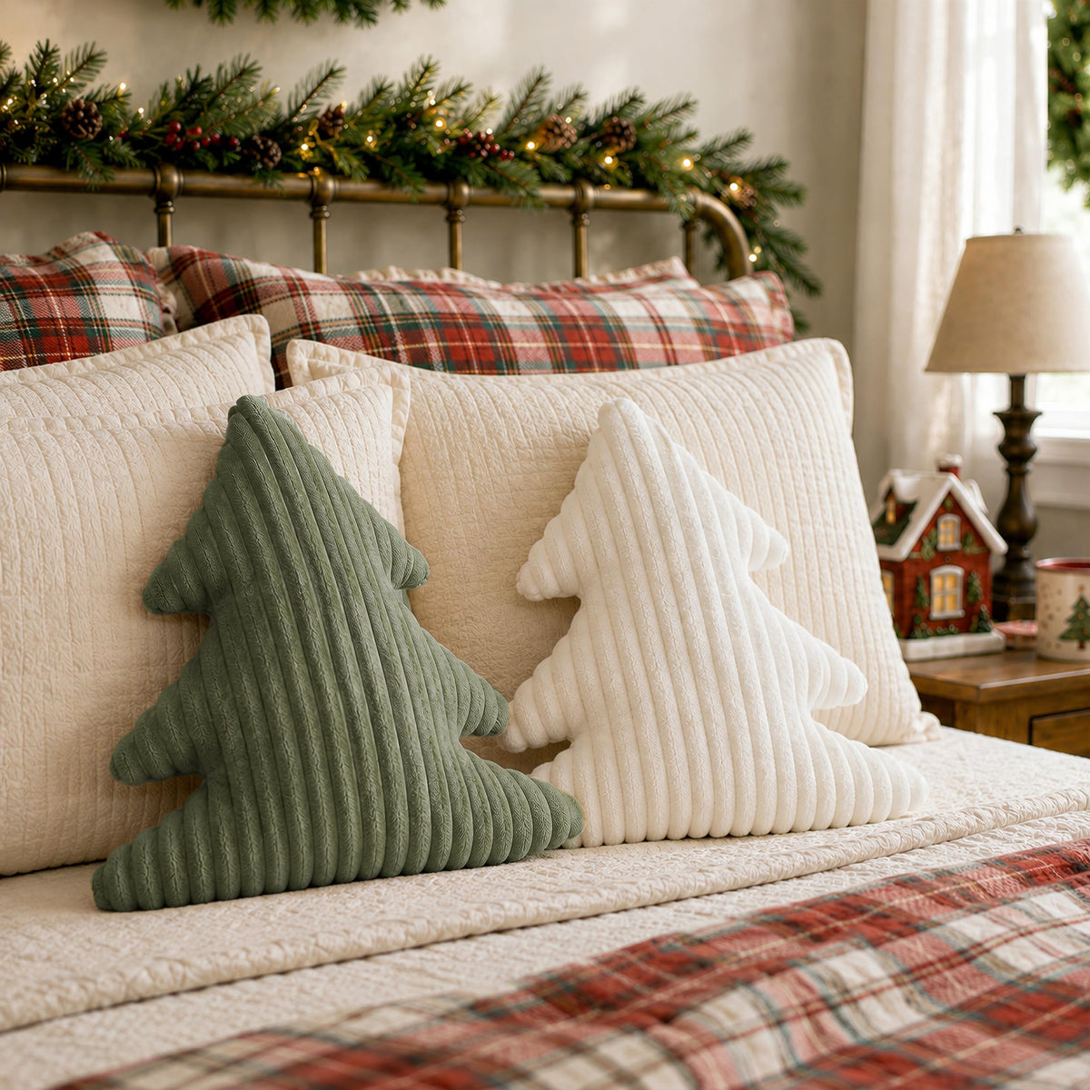 AELS Faux Fur Christmas Tree Decorative Pillow Set of 3, Forest Green Series